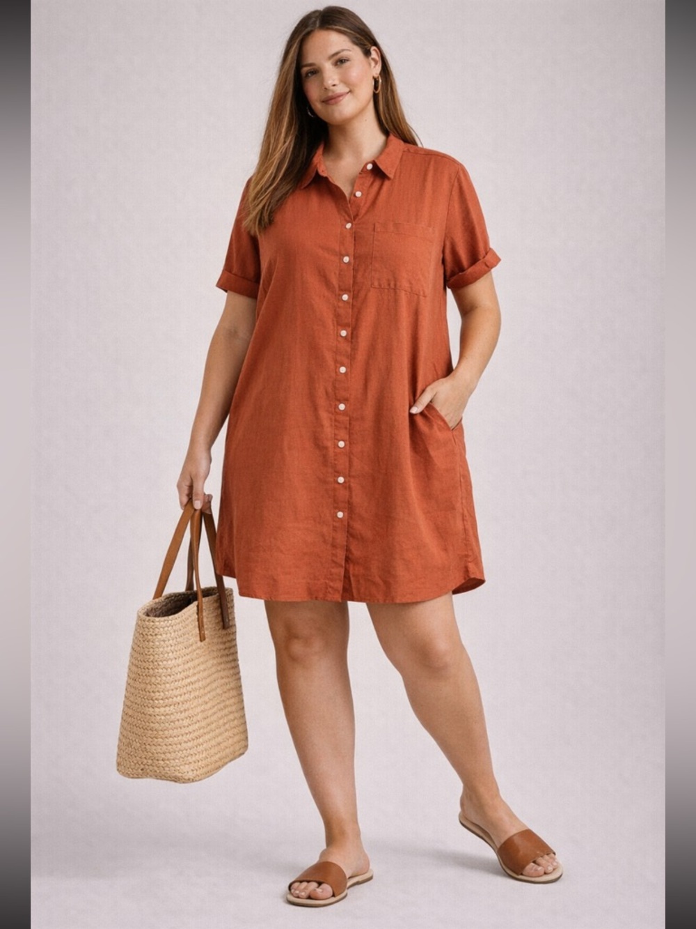 Old Navy Linen Blend Shirt Dress Womens XL Rust Orange Button Front